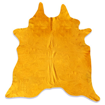 100% Real Leather Cowhide Rug in Plain Yellow With Suede Backing, 5'x7'-6'x8'