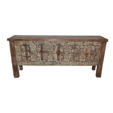 Mogul Interior - Consigned Antique Doors Whitewashed Hand-Carved Console Table - Coffee Tables