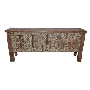 Mogul Interior - Consigned Antique Doors Whitewashed Hand-Carved Console Table - Console Tables