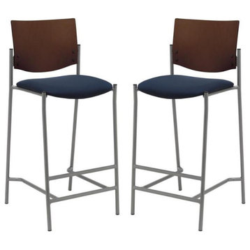 Home Square Fabric Barstool in Silver Frame/Navy - Set of 2