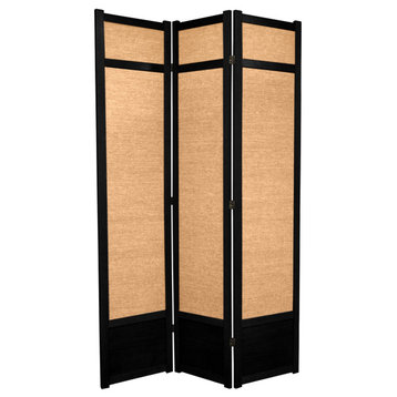 Traditional Room Divider, Wooden Frame With Woven Jute Screens, Black/3 Panels