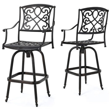 Set of 2 Outdoor Bar Stool, Cast Aluminum Frame With Mesh Seat & Scrolled Back