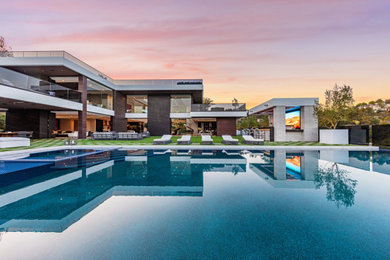 Modelo de piscina infinita minimalista grande rectangular en patio trasero con paisajismo de piscina