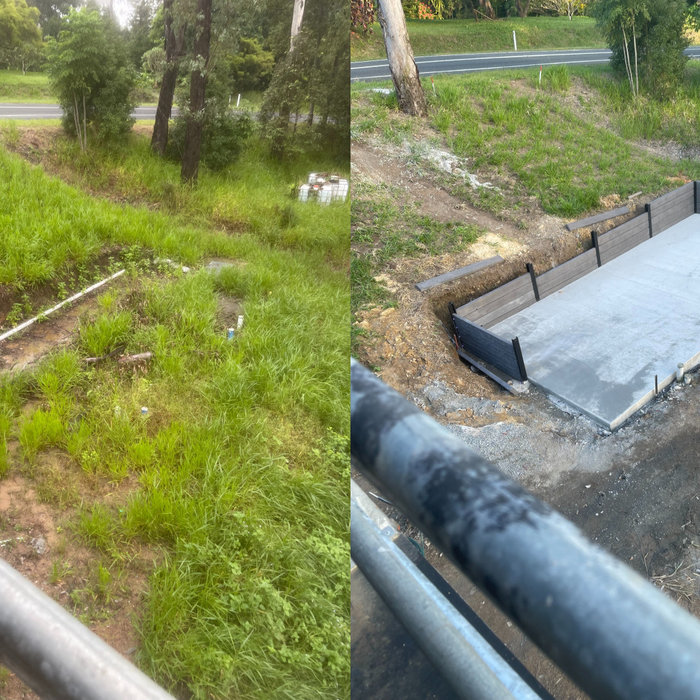 Concrete slab and retaining wall before and after