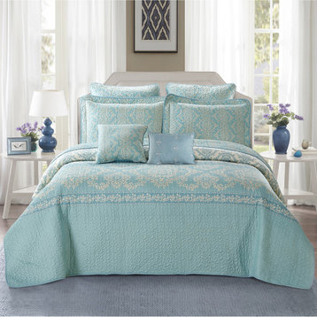 Mystic Quilted 7-Piece Bed Spread Set, Teal/Turquoise, Queen