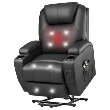 Modern Recliner, Cupholders & Massage Function With Remote Control, Pure Black