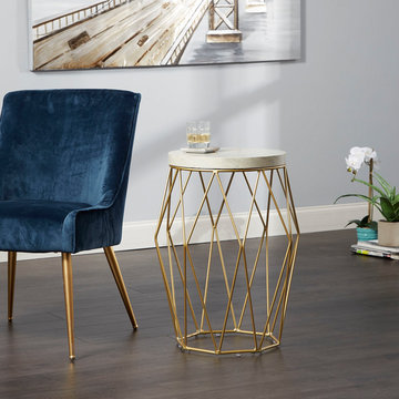 26" Bellewood Mid-Century Modern Wire Basket Accent Table, Gold With Faux Marble