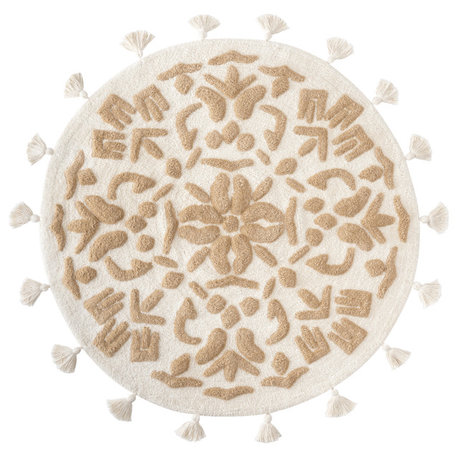 Cambridge Round Tufted Bath Mat With Tassels, Ivory/Beige