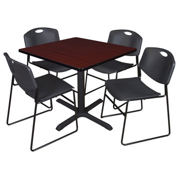 Cain 36" Square Breakroom Table- Mahogany & 4 Zeng Stack Chairs- Black