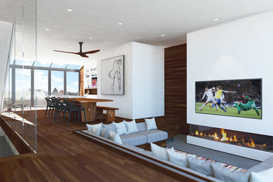 Design ideas for a large contemporary open concept family room in New York with a game room, white walls, dark hardwood floors, a wall-mounted tv, a ribbon fireplace, a plaster fireplace surround and brown floor.