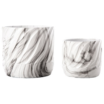 Round Cement Pot with Embossed Wave Pattern Design Coated White Finish, Set of 2
