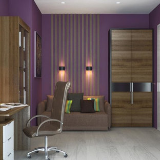 Design ideas for a mid-sized home office in Moscow with a library, purple walls, light hardwood floors, a freestanding desk and white floor.