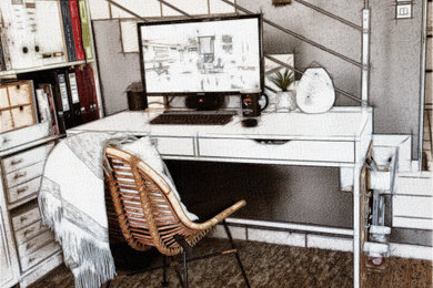 Exemple d'un petit bureau scandinave avec un mur bleu, aucune cheminée, un bureau indépendant, un sol blanc et du papier peint.