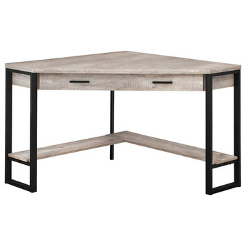 Contemporary Corner Desk, Large Drawer & Lower Open Shelf, Reclaimed Taupe/Black