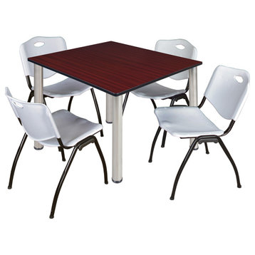 Kee 48" Square Breakroom Table- Mahogany/ Chrome & 4 'M' Stack Chairs- Grey