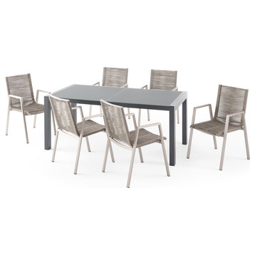 Kerman Outdoor Modern 6 Seater Aluminum Dining Set With Tempered Glass Table Top