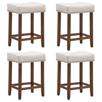 Costway 24'' Rubber Wood Nailhead Saddle Bar Stools in Beige (Set of 4)