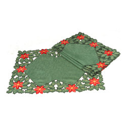Xia Home Fashions - Holly Leaf Poinsettia Embroidered Cutwork Christmas Placemats, Set of 4 - Placemats