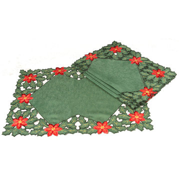 Holly Leaf Poinsettia Embroidered Cutwork Christmas Placemats, Set of 4
