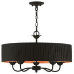 Livex Lighting - Livex Lighting 5 Light Black Pendant Chandelier - The five-light Harrington pendant chandelier combines floral details and casual elements to create an updated look. The hand-crafted black fabric hardback pleated drum shade is set off by an inner silky orange fabric that combines with chandelier-like black finish sweeping arms which creates a versatile effect. Perfect fit for the living room, dining room, kitchen or bedroom.