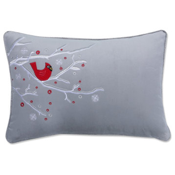 Indoor Velvet Christmas Cardinal Gray Lumbar Rectangular Throw Pillow