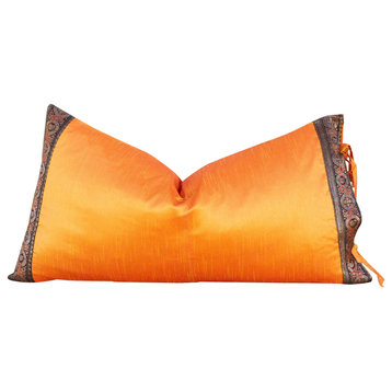 Tangerine Large Festive Indian Silk Queen Lumbar Pillow Cover