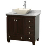 Wyndham Collection - Acclaim Espresso Vanity, 36", Pyra Bone Porcelain, White Carrera Marble - Sublimely linking traditional and modern design aesthetics, and part of the exclusive Wyndham Collection Designer Series by Christopher Grubb, the Acclaim Vanity is at home in almost every bathroom decor. This solid oak vanity blends the simple lines of traditional design with modern elements like beautiful overmount sinks and brushed chrome hardware, resulting in a timeless piece of bathroom furniture. The Acclaim is available with a White Carrara or Ivory marble counter, a choice of sinks, and matching Mrrs. Featuring soft close door hinges and drawer glides, you'll never hear a noisy door again! Meticulously finished with brushed chrome hardware, the attention to detail on this beautiful vanity is second to none and is sure to be envy of your friends and neighbors