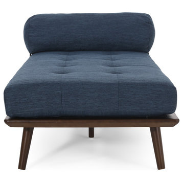 Lancer Mid Century Modern Tufted Chaise Lounge, Navy Blue/Natural Walnut