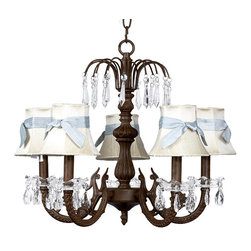 5-Light-Chandelier-in-Mocha-and-Blue-Sash-Ivory-Shades-Water-Fall - Chandeliers