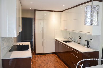 Eat-in kitchen - mid-sized modern galley medium tone wood floor eat-in kitchen idea in Toronto with an undermount sink, flat-panel cabinets, quartz countertops, white backsplash, glass tile backsplash, stainless steel appliances and an island