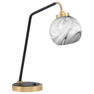 1-Light Desk Lamp, Matte Black/New Age Brass Finish, 5.75" Onyx Swirl Glass