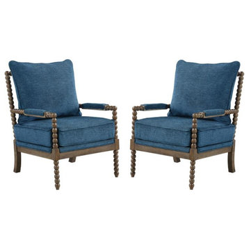 Home Square 2 Piece Linen Fabric Spindle Chair Set with Wood Frame in Navy Blue
