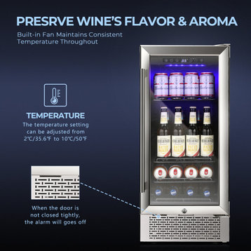 15 Inch Beverage Refrigerator Buit-in Wine Cooler Mini Fridge Clear Glass Door