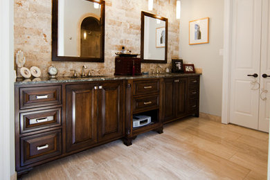 Bathroom - large contemporary master beige tile and stone tile travertine floor and beige floor bathroom idea in Dallas with an undermount sink, dark wood cabinets, granite countertops, raised-panel cabinets and gray walls