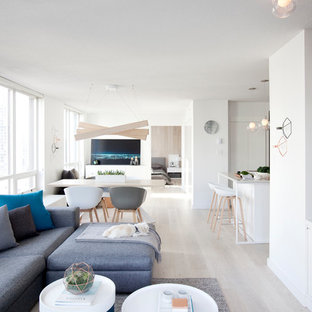 Esempio di un piccolo soggiorno nordico aperto con sala formale, pareti bianche, parquet chiaro e TV a parete