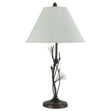 150W 3 Way Pine Twig Iron Table Lamp, Rust Finish, Gray White Shade