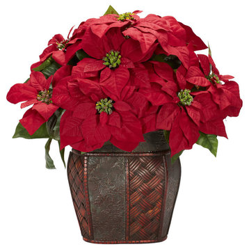 Poinsettia With Decorative Vase Silk Arrangement, Red