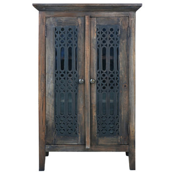 Solid Wood Deco Carved Hall Cabinet, Distressed Black/Raftwood Brown Solid Wood