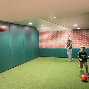 Photo of a large modern fully buried basement in Philadelphia with green walls, carpet, no fireplace and green floors.