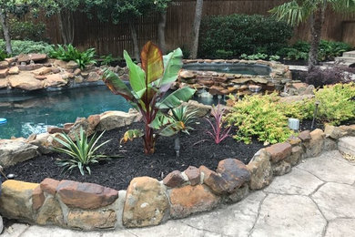 Photo of a mid-sized tropical full sun backyard mulch landscaping in Dallas.