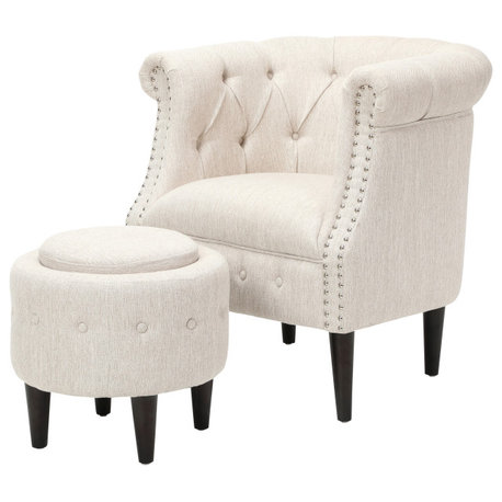 Leila Petite Tufted Fabric Chair and Ottoman Set, Beige/Dark Brown