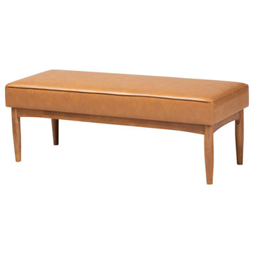 San Simeon Mid-Century Tan Faux Leather and Walnut Brown Wood Dining Bench