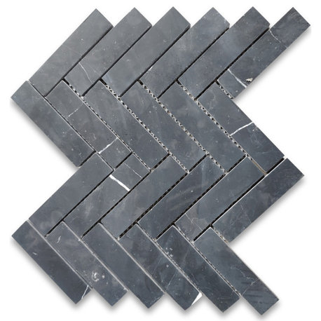 Nero Marquina Black Marble 1x4 Herringbone Mosaic Tile Honed, 1 sheet