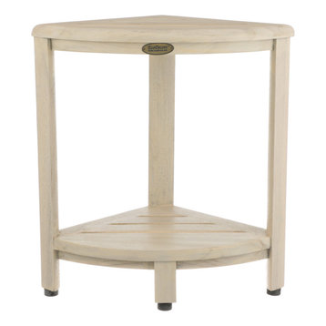 CoastalVogue Oasis 18" Teak Corner Shower Bench with Shelf in White Driftwood