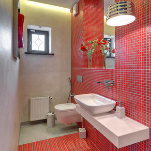 75 Beautiful Red Tile Powder Room With Solid Surface Countertops