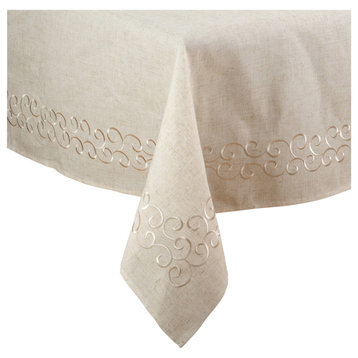 Linen Blend Tablecloth With Embroidered Design, 67"