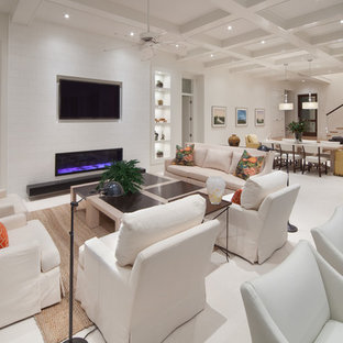 Trendy open concept living room photo in Orlando with a ribbon fireplace and a wall-mounted tv