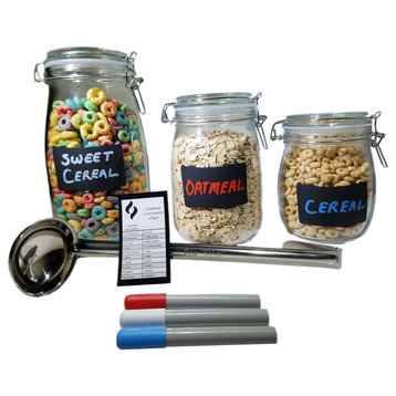 Set of 3 Glass Cookie and Food Storage Jars with Chalkboard Labels, 3 Liquid ...