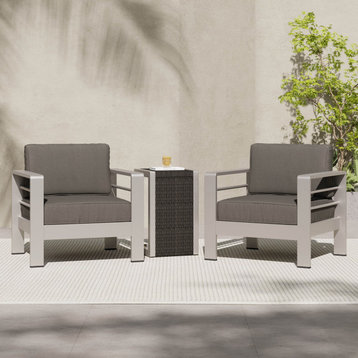 GDF Studio Coral Bay Outdoor Aluminum Club Chairs With Side Table, Gray