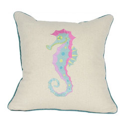Xia Home Fashions - Square Coastal Embroidered Seahorse Feather Filled Throw Pillow - Decorative Pillows